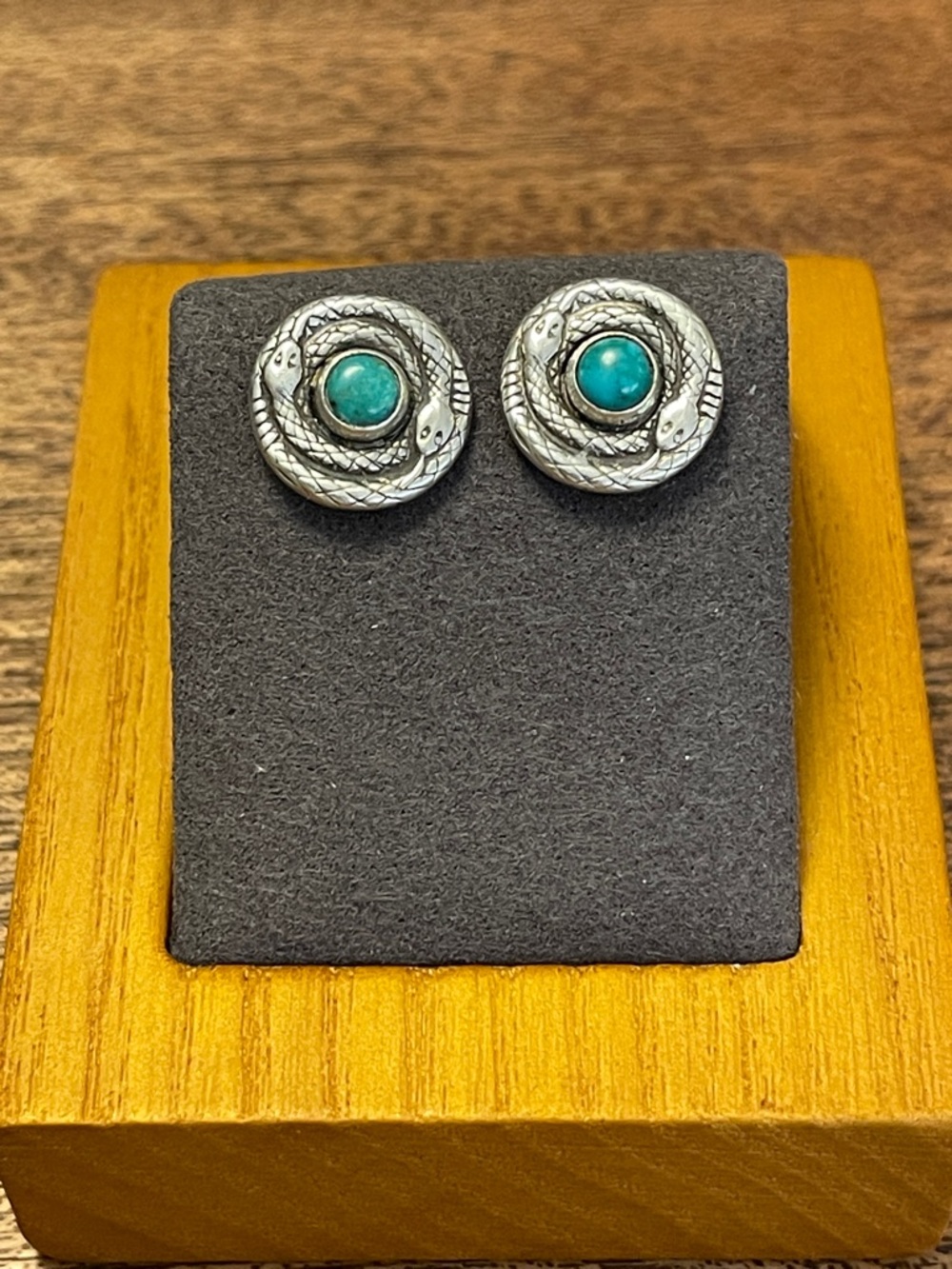 Turquoise-Center Silver Snake Stud Earrings